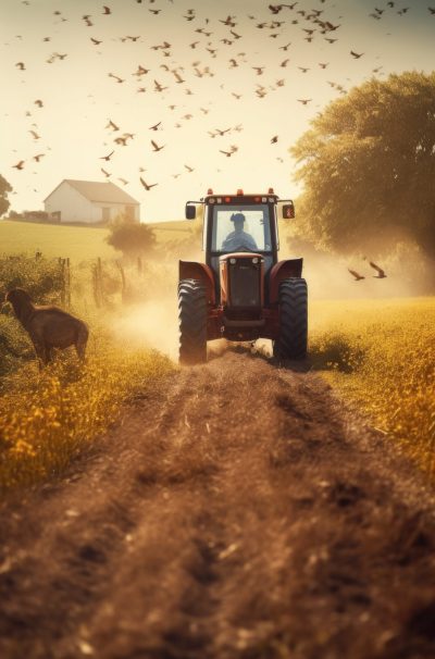 Concept of agriculture and farming in a serene rural setting. The clear blue sky and the peaceful surroundings evoke a sense of harmony with nature and the simplicity of rural life. AI generative image
